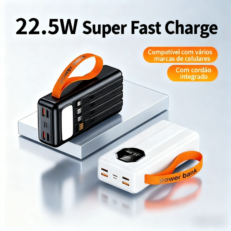 Carregador Portátil Digital LED  Power Bank 30000mah – 4 Cabos Integrados de Carga Rápida