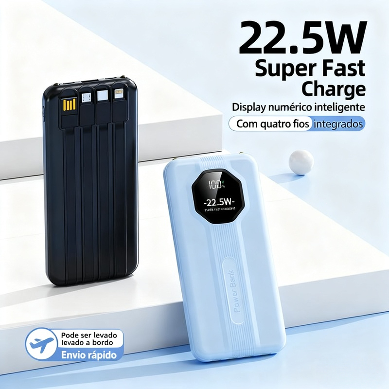 Carregador Portátil  Power Bank com 4 Cabos de Carga Rápida – 10000mah e Display LED Digital