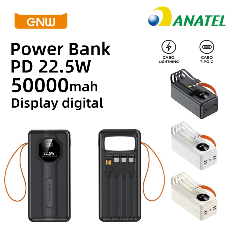 Power Bank com 4 Cabos 22.5W - 10000-50000mAh LED Digital Proteção Segura e Compatível com Todos os Aparelhos