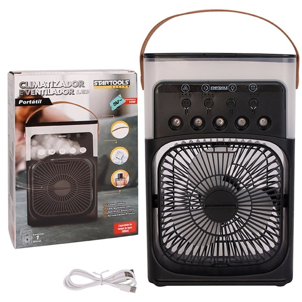 Climatizador Umidificador Ventilador Portátil LED Bivolt 10W Compacto Silencioso 3 Velocidades Preto
