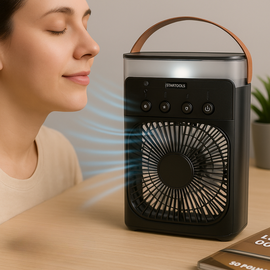 Climatizador e ventilador portátil LED bivolt 10W preta compacto eficiente multifunção