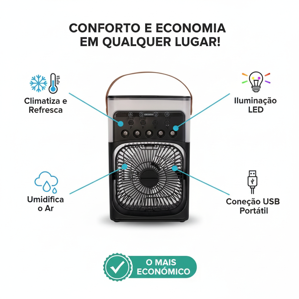 Mini Ventilador e Climatizador Ar Condicionado Portátil LED Umidificador USB 10W (Ultra Econômico)