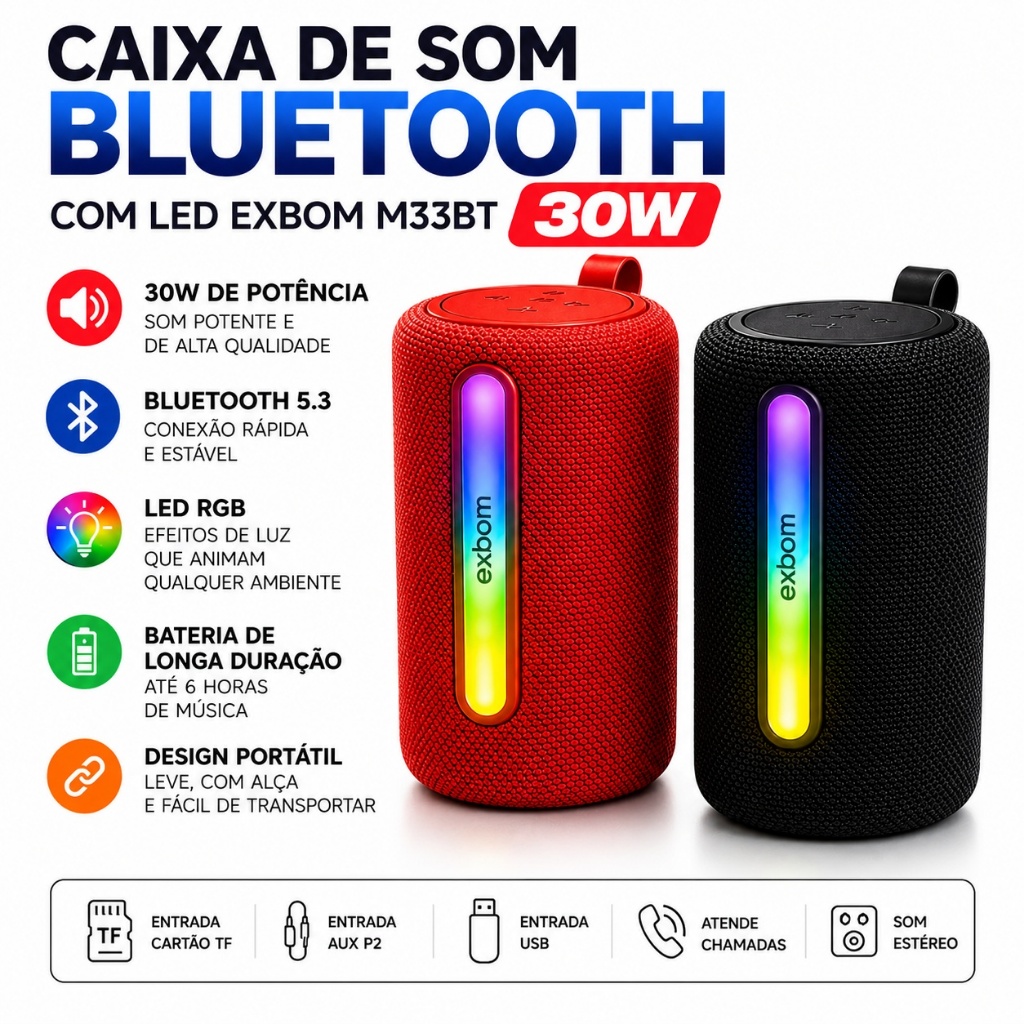 Caixa de Som Bluetooth Com Led Exbom M33BT Portátil de 30W RMS MP3 Player/FM