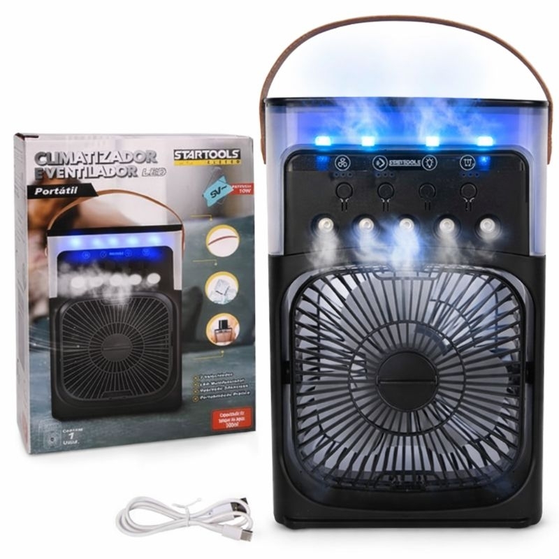Climatizador Portátil Ventilador LED Bivolt Silencioso Economia Energia 10W Design Moderno Preto