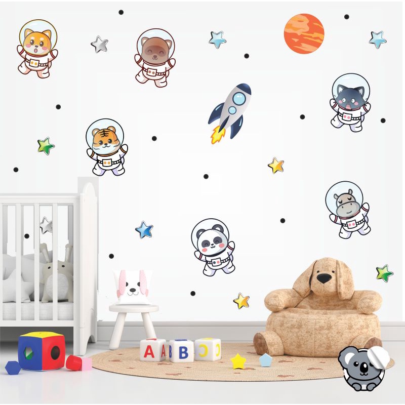 Adesivo De Parede Infantil Animais Astronautas Cute Papel de Parede Auto Colante Decalque