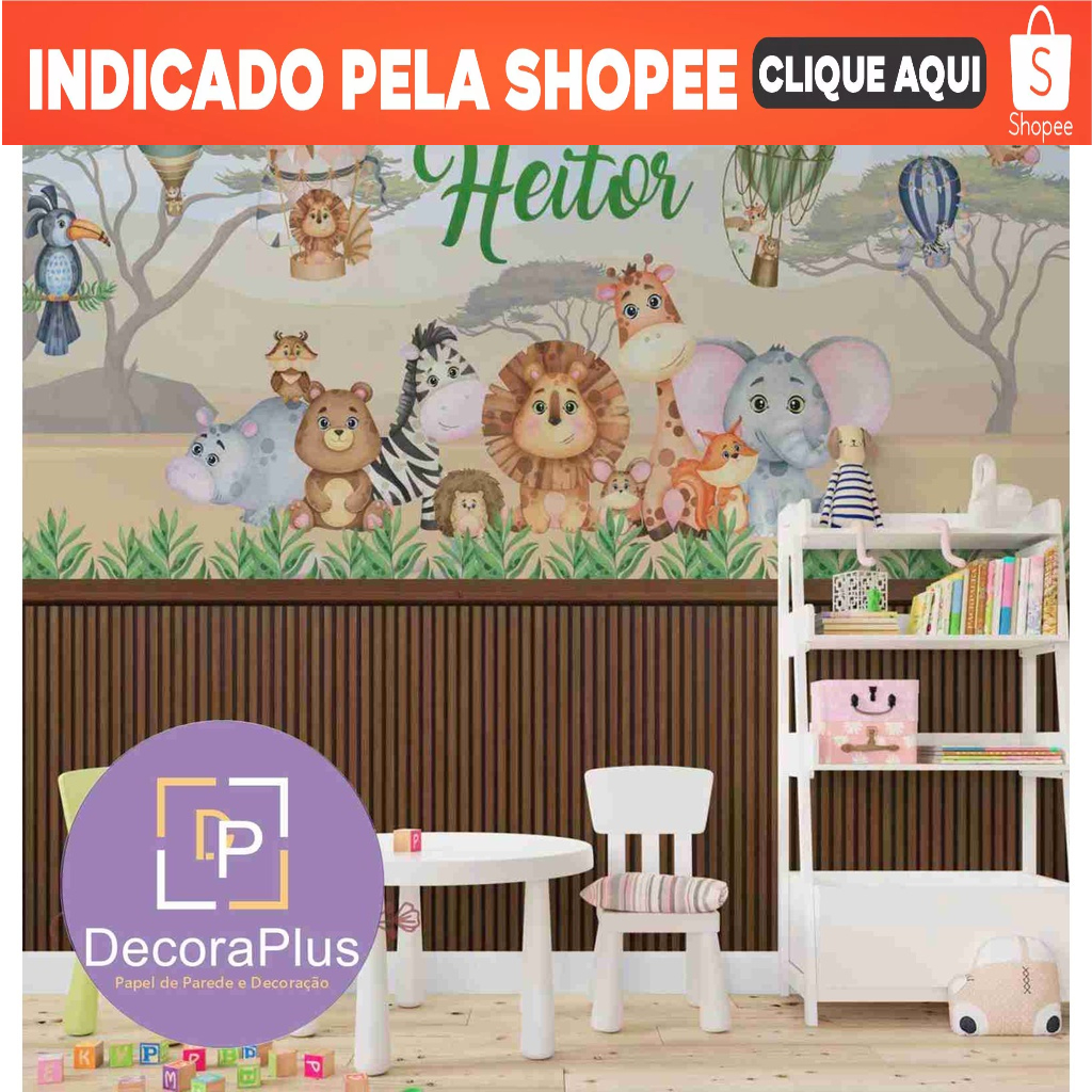 Papel de Parede Foto Mural Personalizado Infantil Desenho Safari Aniversário Animais Cutes Paisagen.