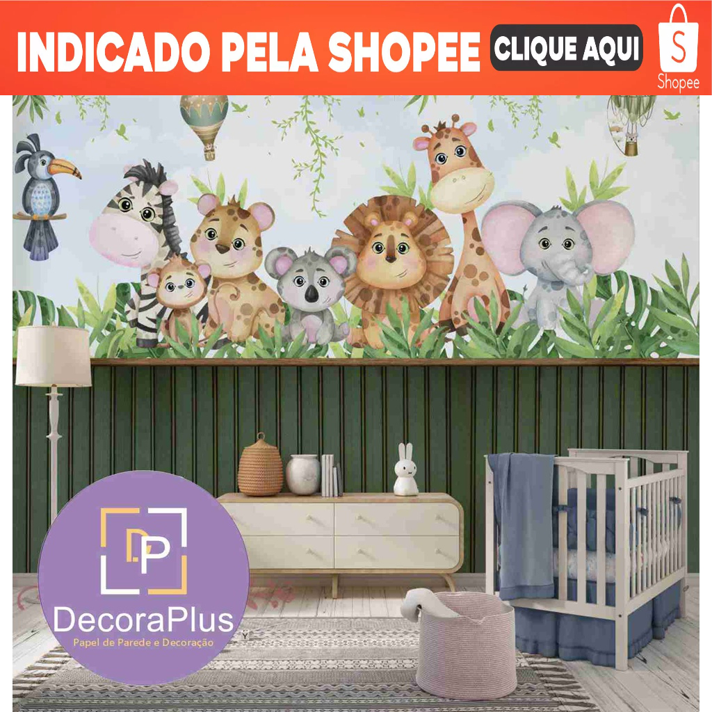 Papel de Parede Foto Mural Personalizado Infantil Safari Animais Cutes Folhagens Selvagem M²