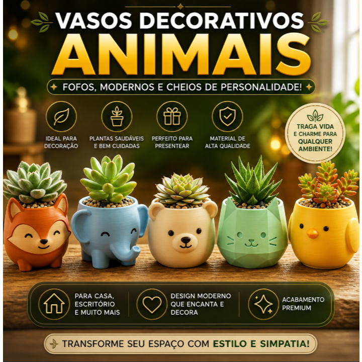 Vaso Animal Fofo para Suculentas | Vasinhos Decorativos Cute Kawaii | Raposa, Elefante, Urso, Gato e Pássaro, e outros