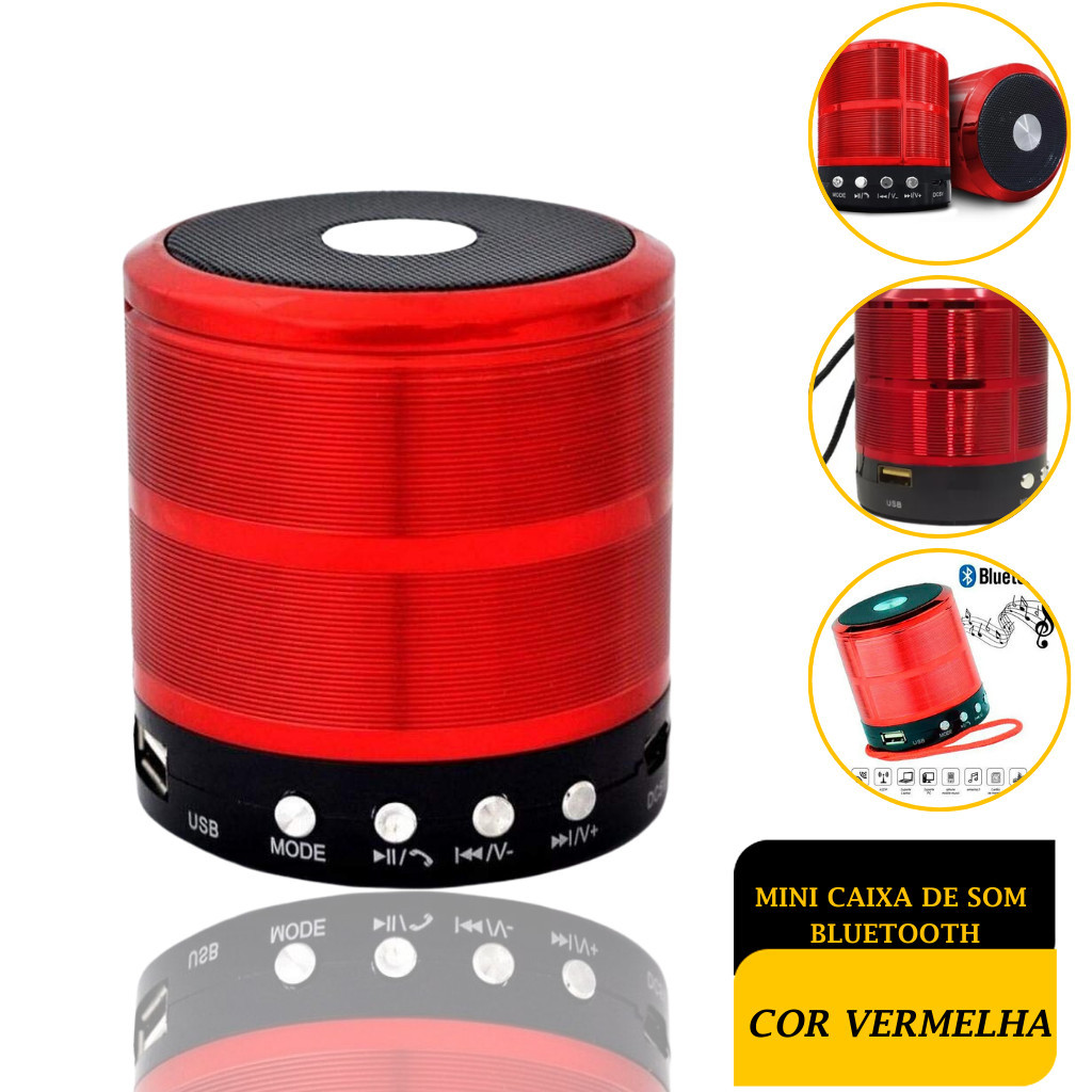 Mini Caixa Caixinha De Som 887 Portátil Bluetooth Vermelha com Rádio FM SD USB