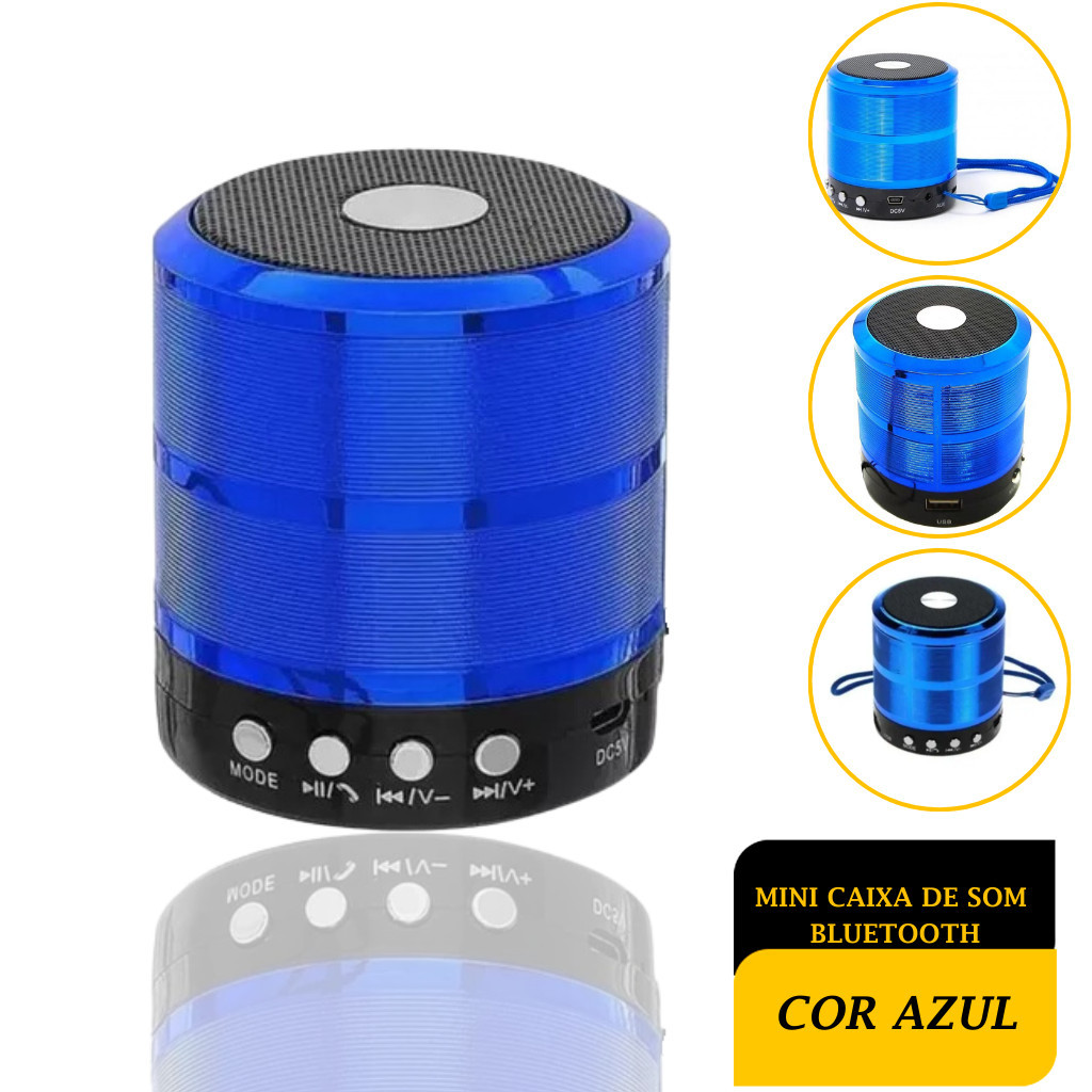 Mini Caixa Caixinha De Som 887 Portátil Bluetooth Azul com Rádio FM SD USB