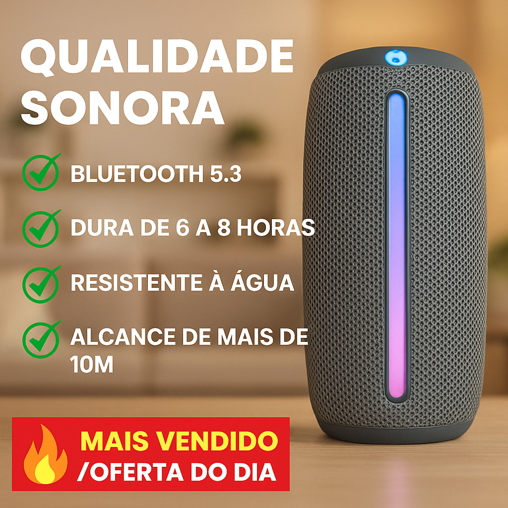 Caixa de Som Bluetooth 16W Portátil com LED RGB/Rádio FM/ USB/SD/Bateria para Praia e Camping