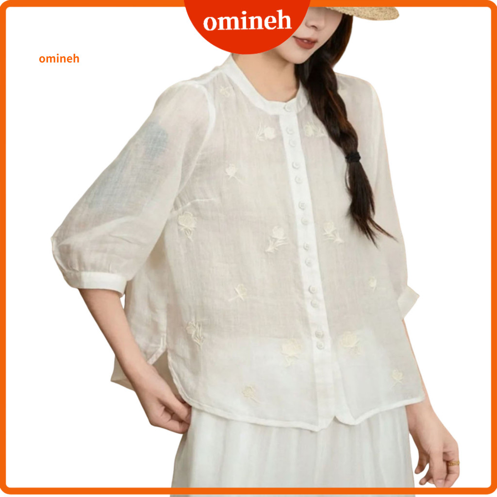 Micro-puff Sleeve Top Artistic Embroidery Shirt Women’s Summer Round Neck 3/4 Button Placket Pure Color with Floral fo