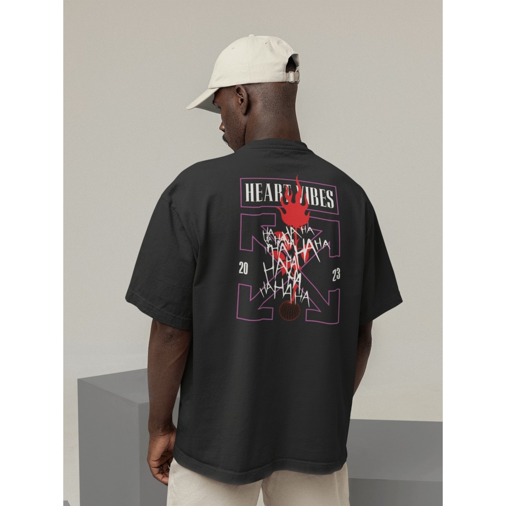Camisa Camiseta Oversized Streetwear Masculino Urbano Treino Preto e Off Whte Estampado - Heart Vibes