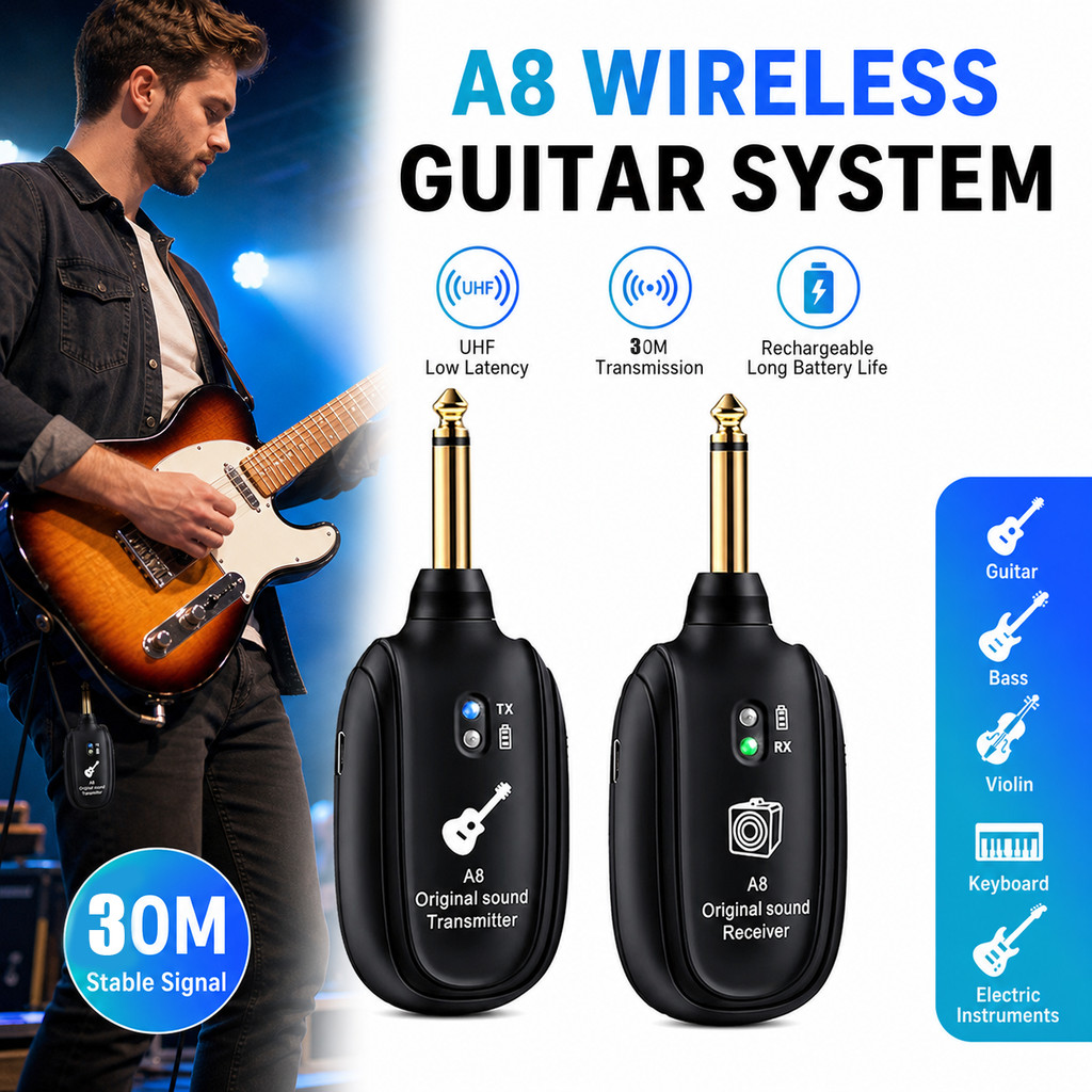 A8 Wireless Guitar System Transmitter Receiver Audio Connector Adapter Accessory Instrument Cable Replacement Wireless