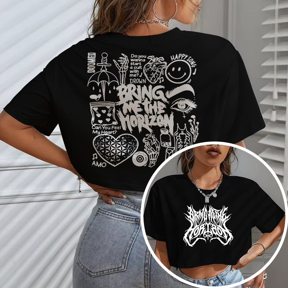 Blusa Cropped Top Oversized Feminina Versão Frente E Costas Bring Me The Horizon Eyes Music Band Unissex