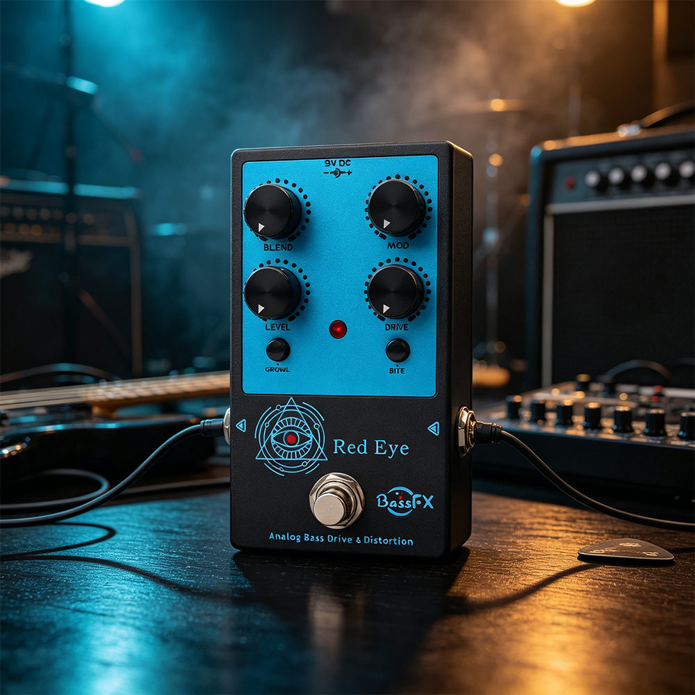 BassFX Pedal de Efeito de Distorção e Drive Analógico Red Eye para Baixo, Stompbox com Knobs de Mistura, Nível, Drive,