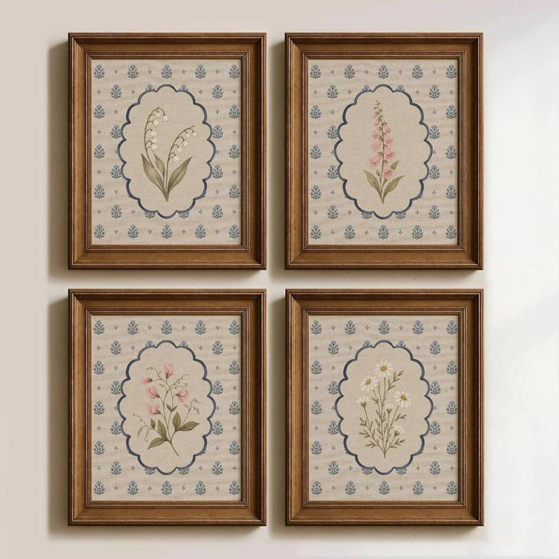 Antique Blue Botanical Cottage Set Poster No Frame Canvas Wall Art Painting French Country Bedroom Living Room Decor