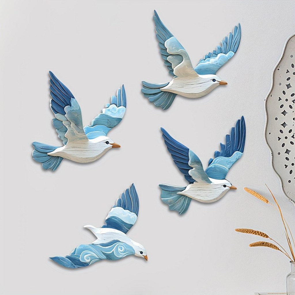 Pigeon Wall Decoration Wooden 4pcs Blue Decor Set Rustic Farmhouse Bird Art for Living Room Bedroom Office Home Hanging