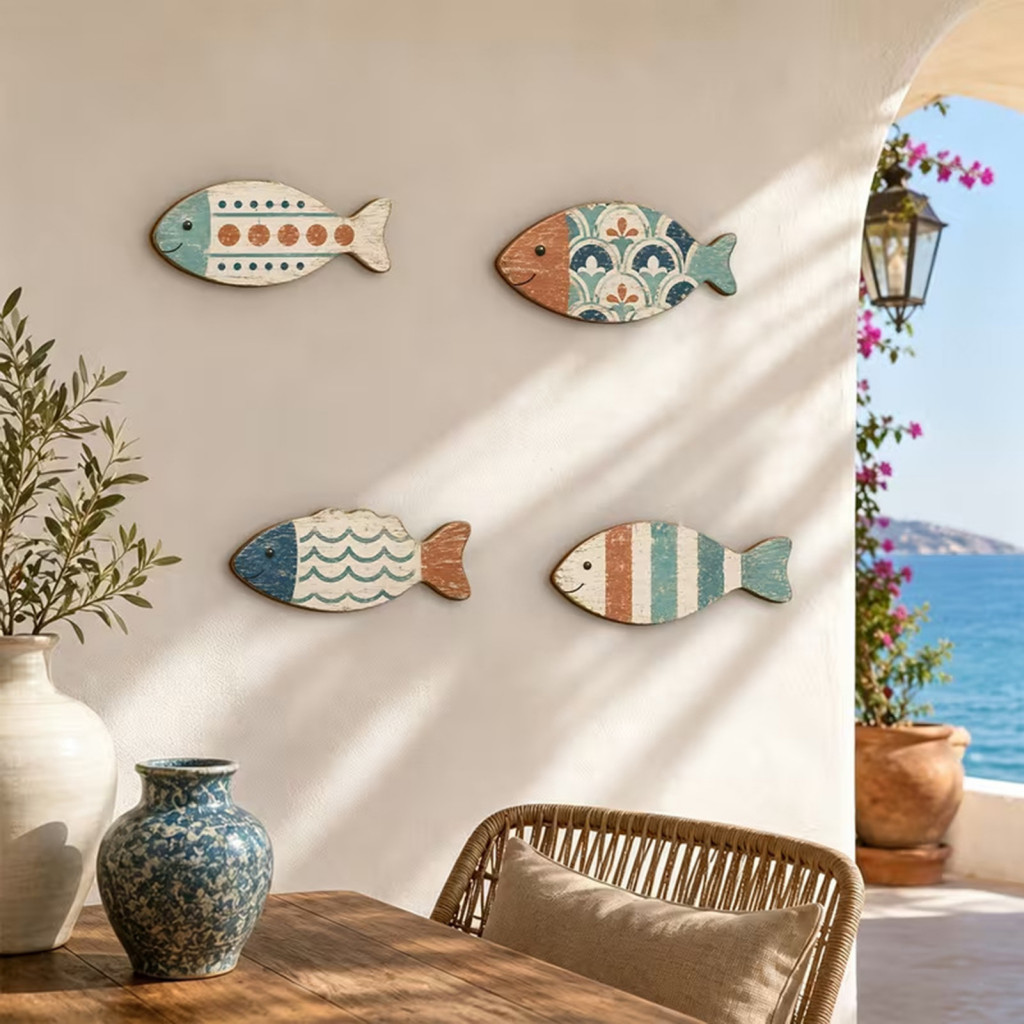 Coastal Wall Decor Wooden Fish Art 4pcs Rustic Set Nautical Style Hanging Plaques Blue Brown Seaside for Bathroom Room H