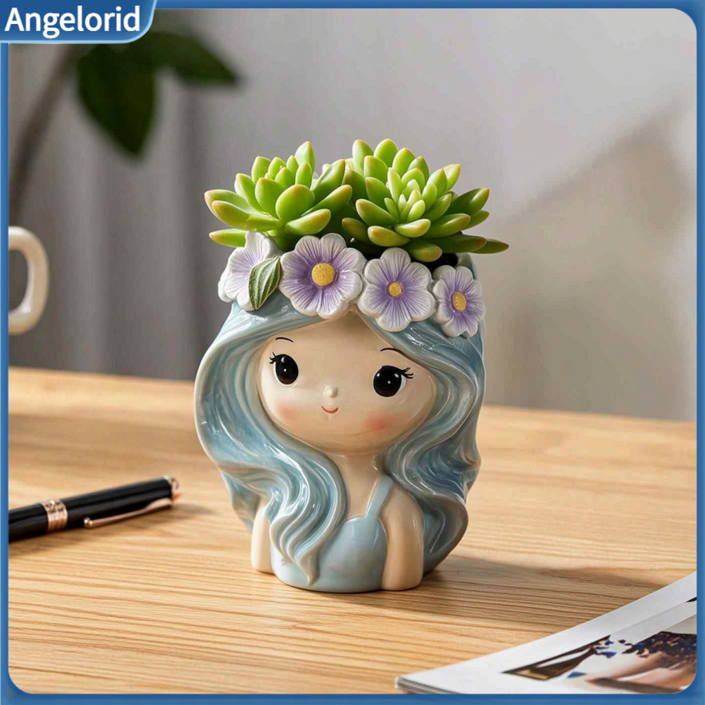 Healing Room Decor Succulents Planter Pot Cute Girl with Blue Hair Garland – Decorative Resin Succulent Cactus Indoor
