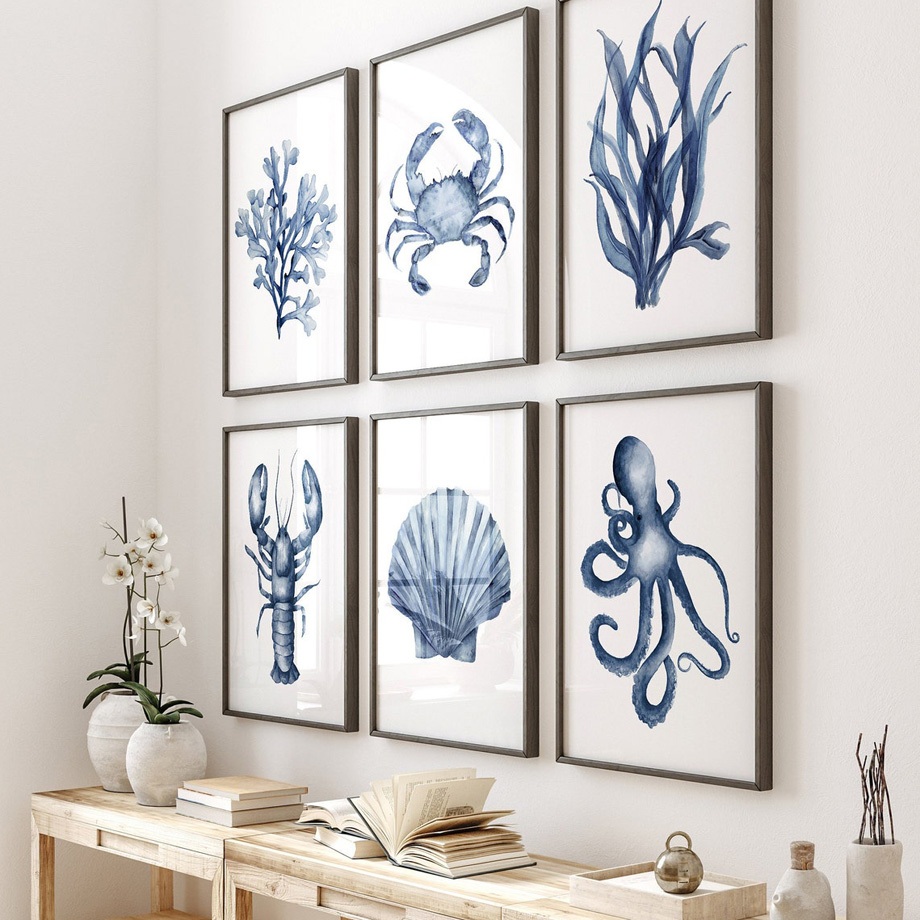Quadro Azul marinho Coral Algas Shell Caranguejo Lagosta Polvo Cartaz Arte Da Parede, Pictures For Living Room Decor