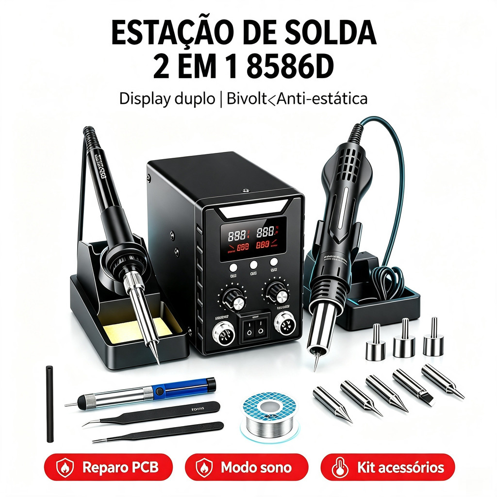 Estação Soldagem 2 em 1 8586D Digital Bivolt Anti‑Estática Modo Sono Reparo PCB