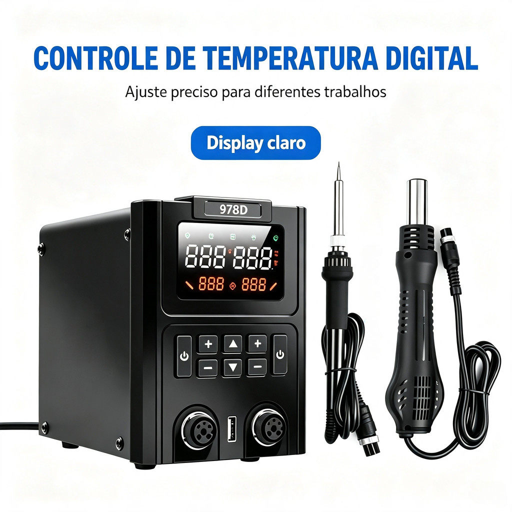Kit Estação de Solda 2‑em‑1 978D Digital Anti Estática Ferro de Soldar Ar Quente Reparo Eletrônico Placa PCB