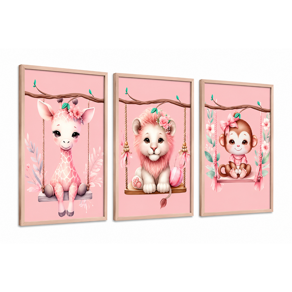 Kit 3 Quadros Infantil Safari Rosa Quarto Bebê Menina Animais Cute Decoração