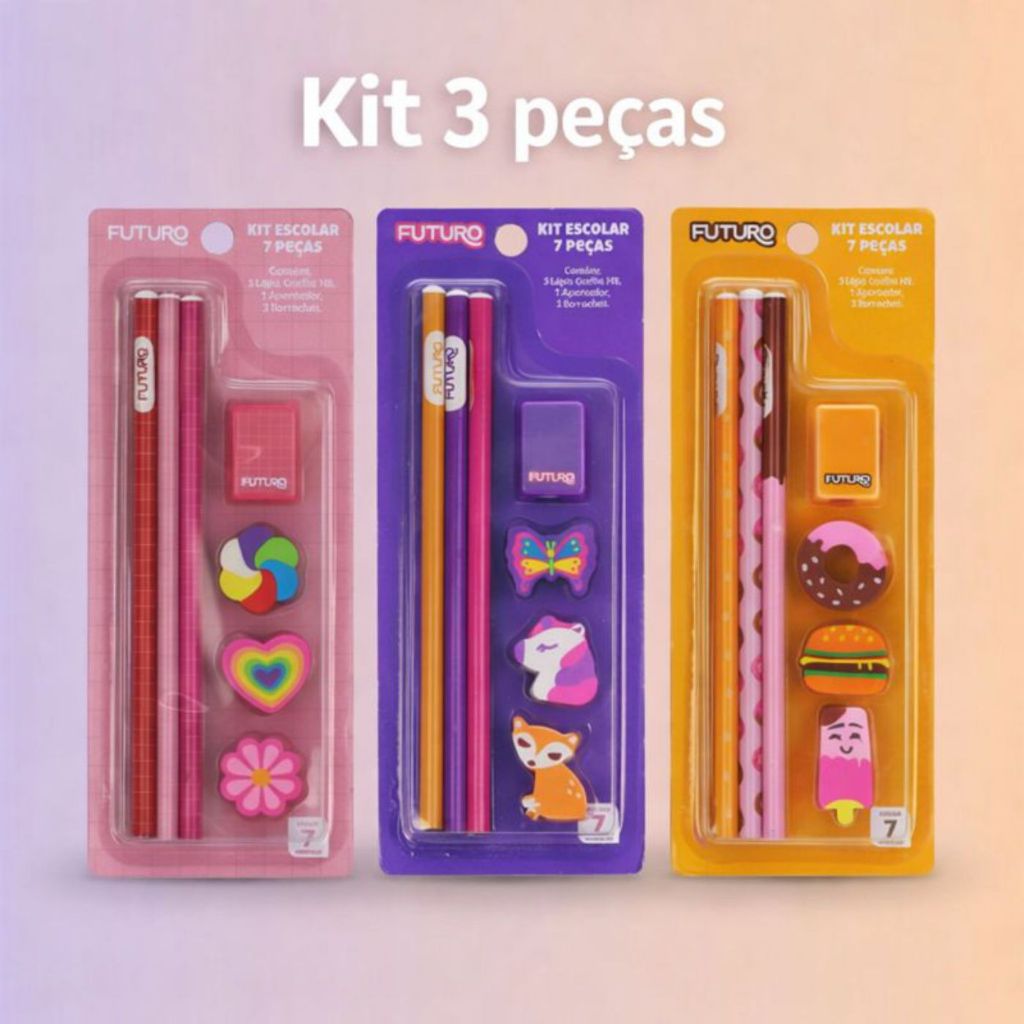 3x Kit Escolar 7 Peças Tema Cute, Animais e Comida – Ideal para Lembrancinhas e Volta às Aulas