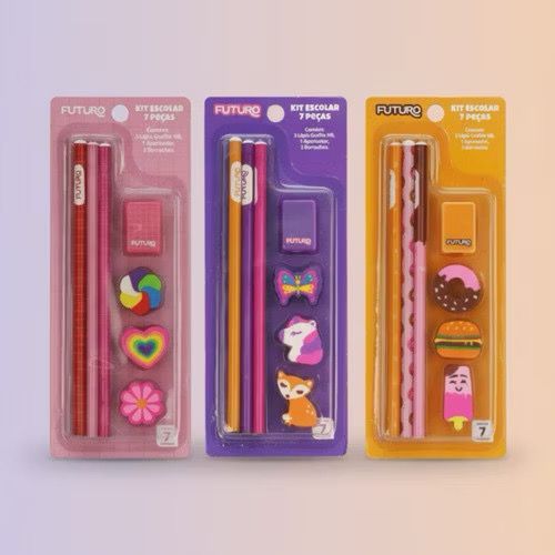 Kit Escolar 7 Peças Tema Cute, Animais e Comida – Ideal para Lembrancinhas e Volta às Aulas