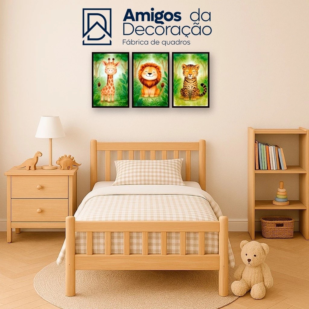 Kit 3 Peças Quadro Decorativo Infantil Safari Animais Girafa Leão Onça Baby Quarto Bebê Criança Decoração Cute Colorido