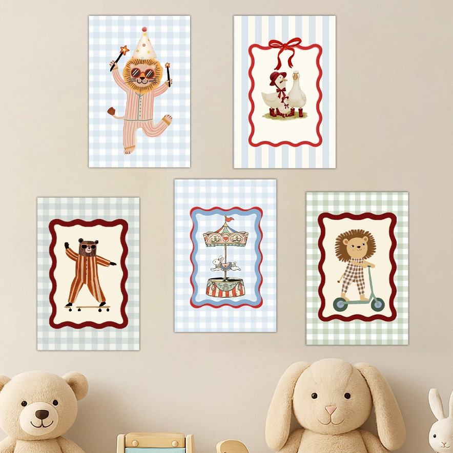 Kit 5 Quadros Infantil MDF 20x30cm – Decoração Quarto Bebê Menino Animais Cute - tons azul - leão urso corrossel