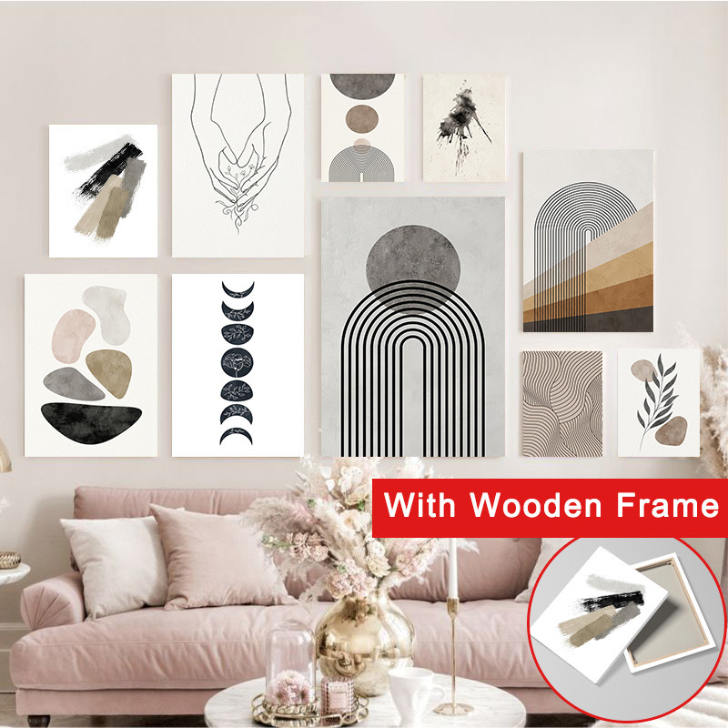 (Com Moldura) Tom De Terra Boho Abstract Gallery Wall Art Mid Century Modern Geometric Arch Canvas Prints Neutro Minimal
