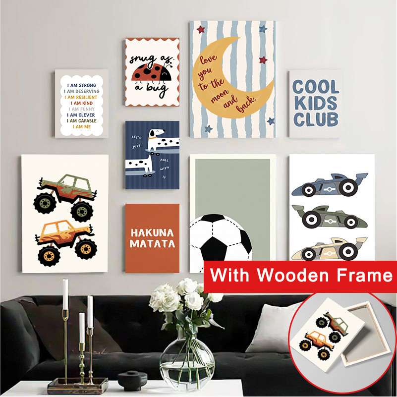 (Com Moldura) Retro Boho Kids Canvas Print Citação Inspiradora Carro De Corrida Esporte Smiley Face Cartoon Wall Art Mín