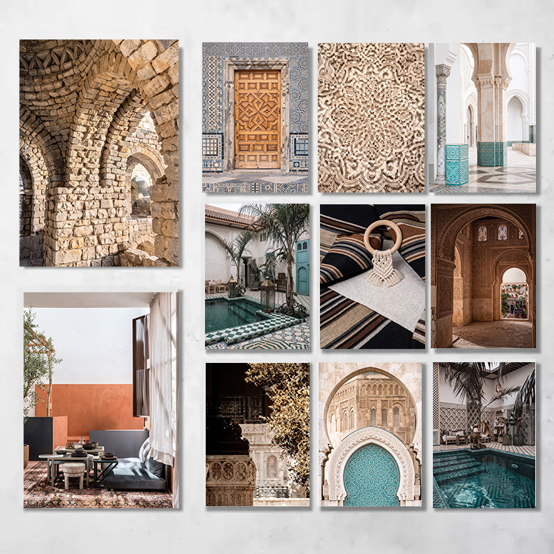 (Com Moldura) Marroquina Riad Home Canvas Print Azulejo Islâmico Boêmio E Arquitetura De Pátio Pôster Oriental Boho Deco