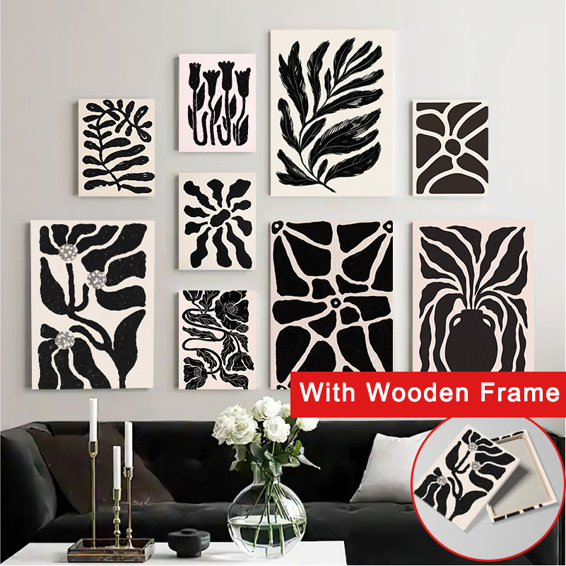 (Com Moldura) Boho Black Botanical Canvas Print Abstrato Floral Leaf Line Art Poster Moderno Minimalista Planta Arte De