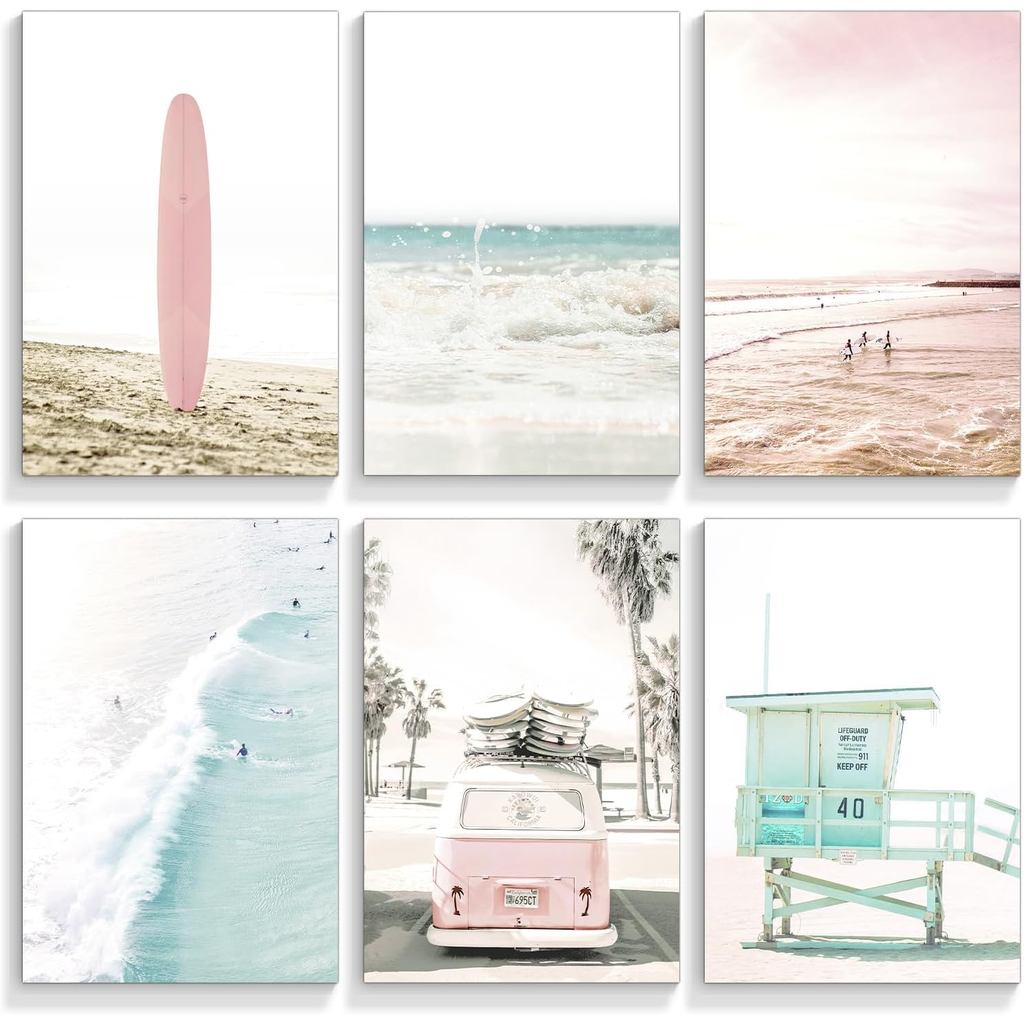 mifyuibytr Set of 6 Beach Canvas Wall Art, 8x10in Tropical Summer Ocean Coastal Posters, Preppy Gallery Beach Prints, Gi