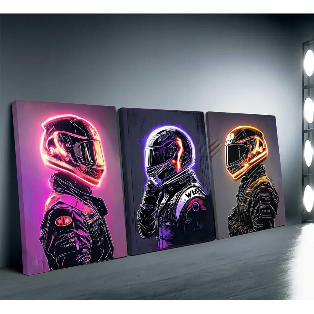 3PCS Racing Canvas Wall Art, Neon Race Car Motorcycle Driver Canvas Prints, 16×24in Framed, for Bedroom, Living Room, Ga
