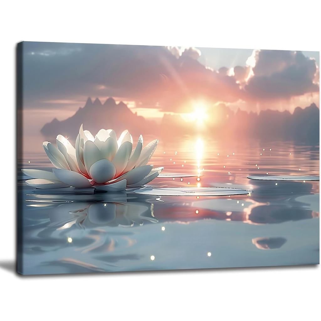 Zen White Lotus Wall Art Sunrise Meditation Canvas Wall Decor Spa Yoga Still Life Painting Prints Relaxing Spiritual Jus