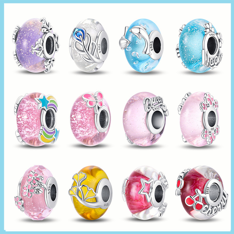100 % Real 925 Sterling Silver Fashion Colorful Flower Feather Ocean Luminous Glass Charms Beads Fit Marca Pulseiras Originais DIY Jewelry