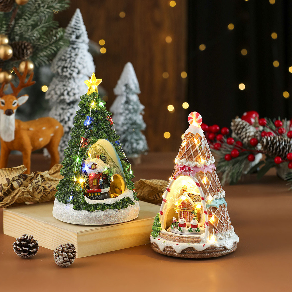 【Cenário Miniatura】A variety of Christmas rotating resin luminous music box ornaments/Trenó/Natal/USB/Bateria