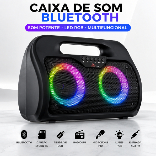 Caixa De Som Bluetooth Portátil Potente TWS USB FM Entrada P10 Microfone SD Recarregável Som Stereo Com Led RGB
