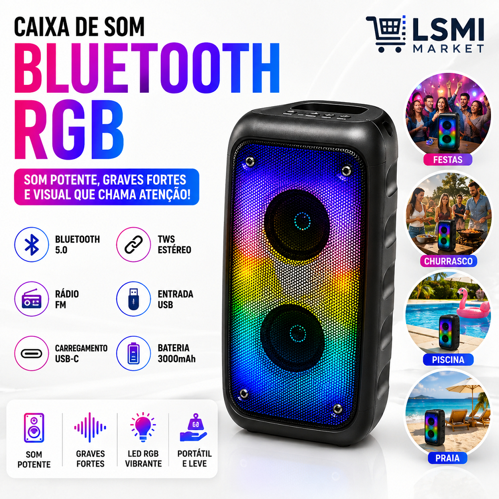 Caixa de Som Bluetooth RGB Grasep D-3207 TWS FM USB-C 3000mAh Portátil Recarregável LED Graves Fortes Som Potente Stereo