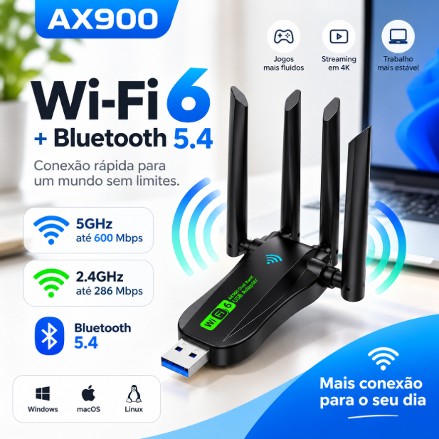 Adaptador USB WiFi 6 AX900 Dual Band 2.4/5GHz + Bluetooth 5.4 600Mbps