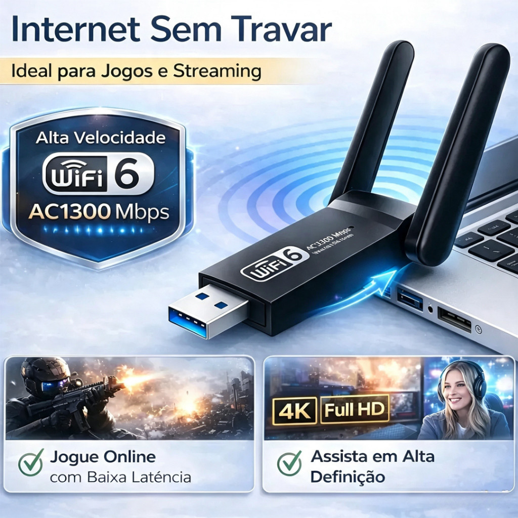 Placa de Rede USB Wi-Fi 6 Dual Band 5G 1300Mbps com Bluetooth 5.4 e 2 Antenas P/ PC Gamer