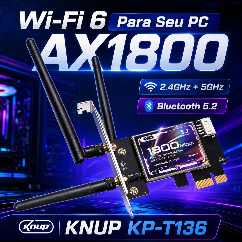 Placa Wi-Fi 6 PCIe KNUP KP-T136 AX1800 Dual Band 2.4G 5G Bluetooth 5.2 Para PC