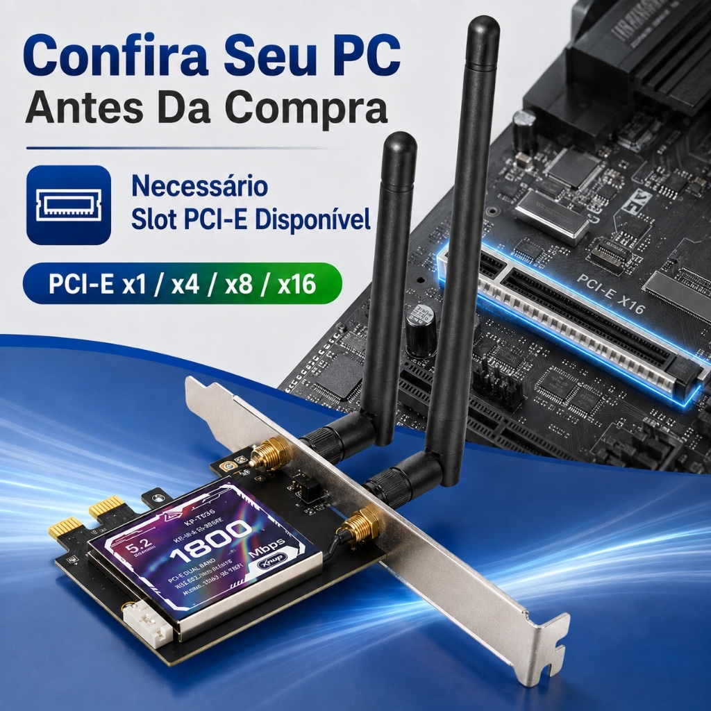 Placa De Rede PCIe Wi-Fi 6 KNUP KP-T136 AX1800 RTL8852BE Bluetooth 5.2 Dual Band