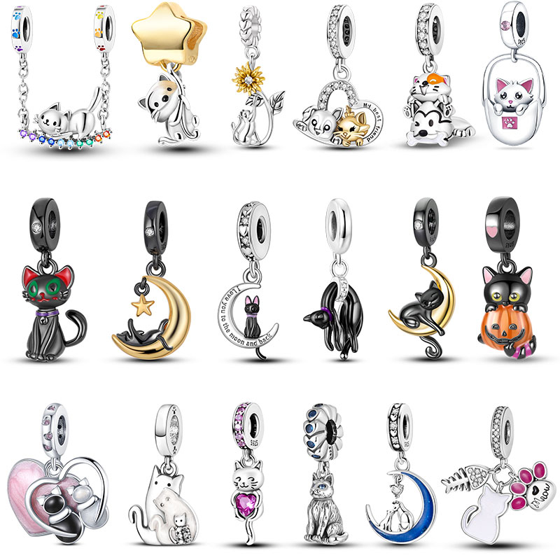 Original Fashion Beaded s925 Sterling Silver Cute Kitten Series Pendant Jóias requintadas Presente de bricolage