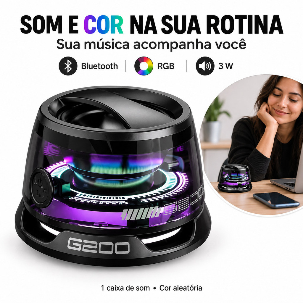 Caixa de Som Bluetooth G200 Portátil 3W com Luz RGB e Base Magnética