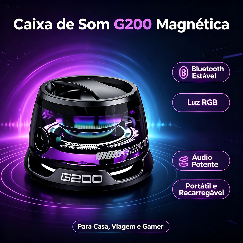 Mini Alto-Falante Bluetooth G200 Magnético, Luz RGB, Som Estéreo para Casa e Viagem